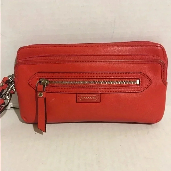 Coach Orange / red leather wristlet - Picture 1 of 8